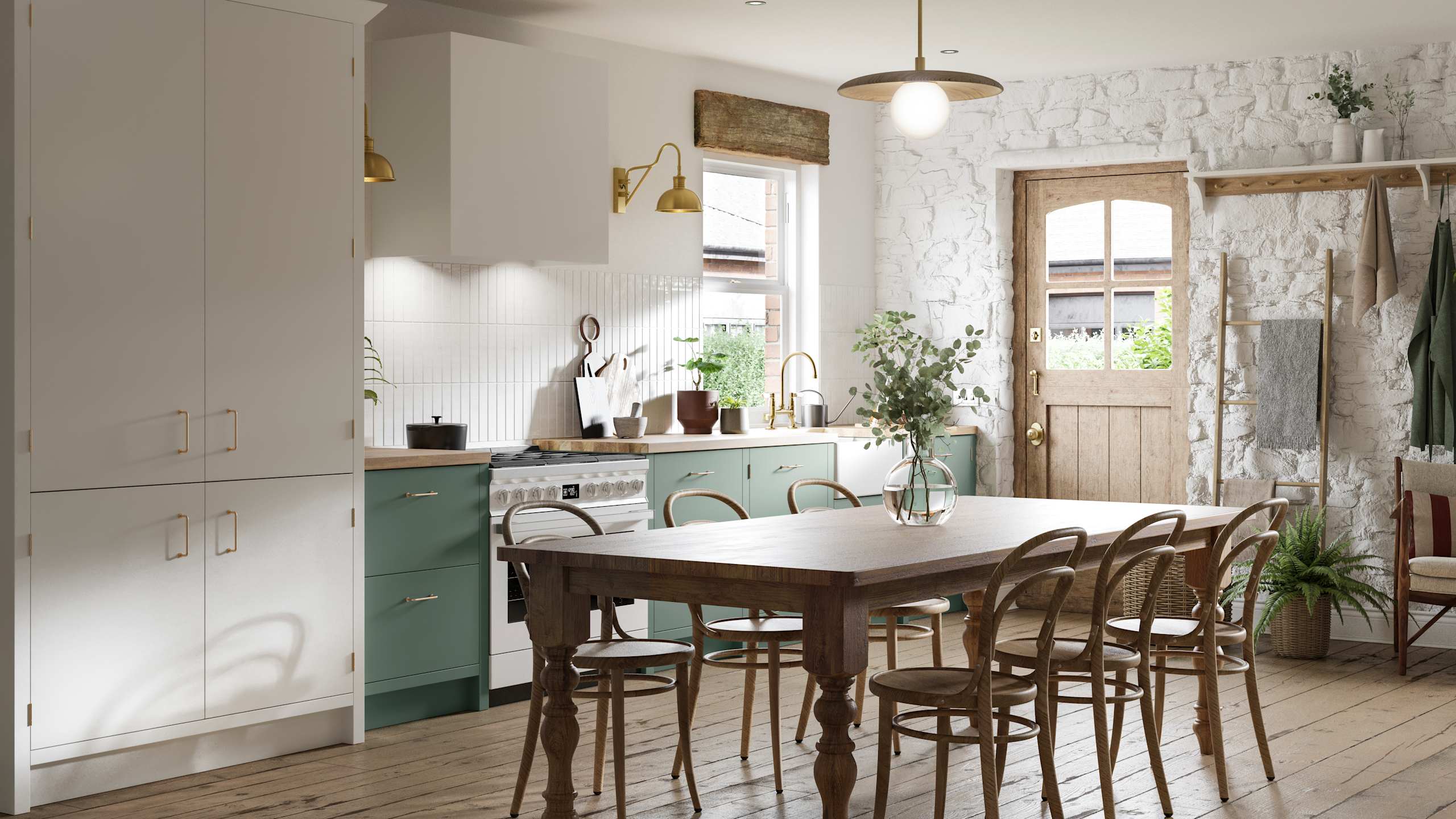 Contemporary cottage kitchen with Soho Eucaluptys, tall pantry cabinets in white, and a light wood dining table