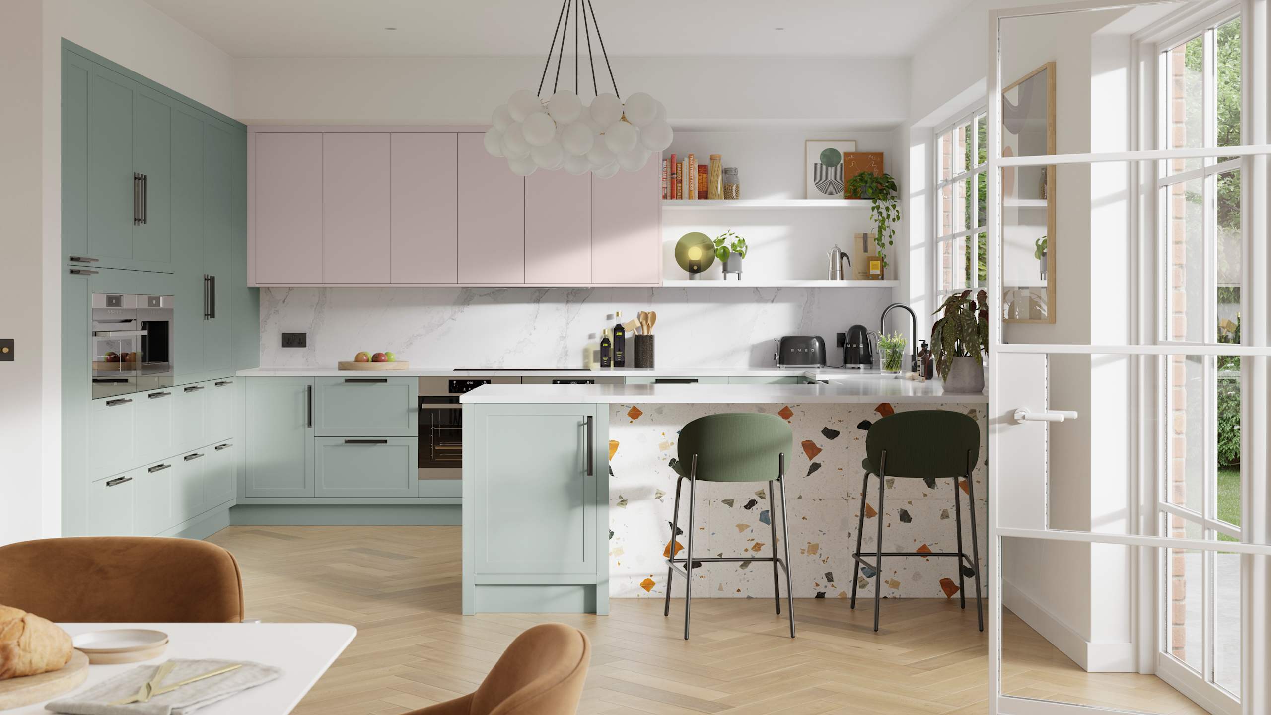 Contemporary kitchen design with Magnets Seagrass Dunham kitchen, its thin frame and smooth painted finish with no visible woodgrain, a kitchen island with breakfast bar and wood herringbone flooring..