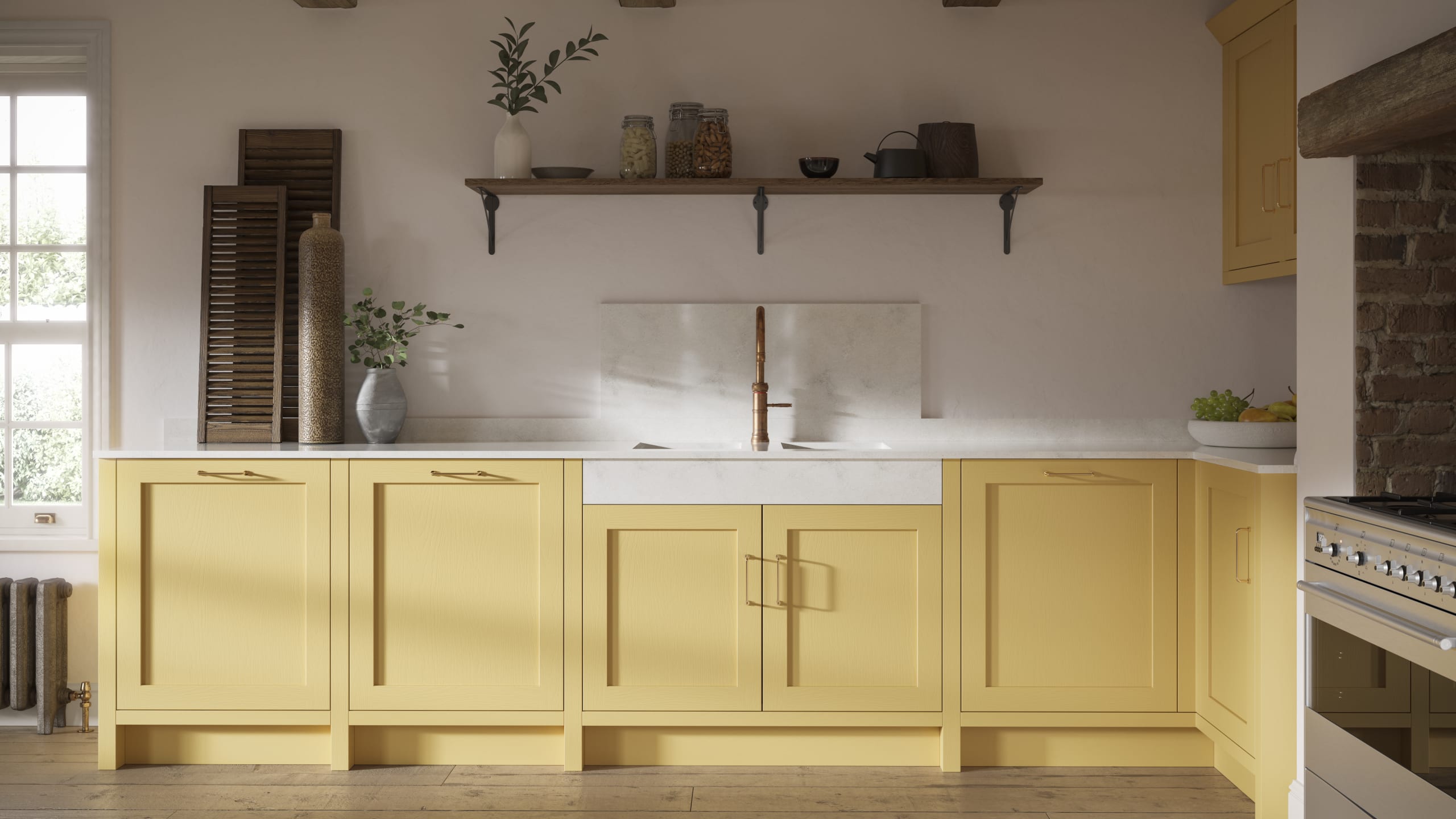 Shaker kitchen in the bright and beautiful yellow shade Harvest, paired with open wooden shelf and a marbled worktop.