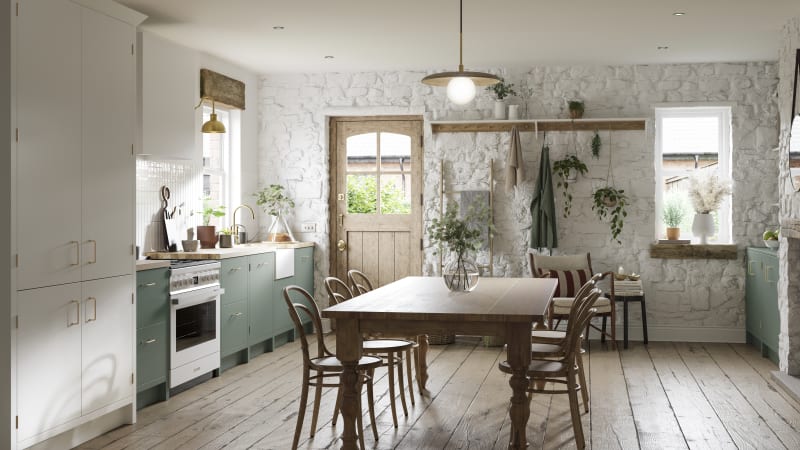 Full room view of contemporary cottage kitchen and dining room with Soho Eucaluptys and tall pantry cabinets in white.