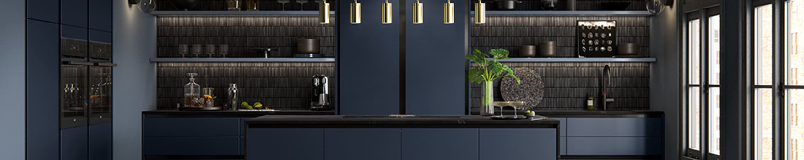 Integra Hoxton Kitchen from Magnet available in metallic midnight blue. Smooth slab doors and a painted effect finish.