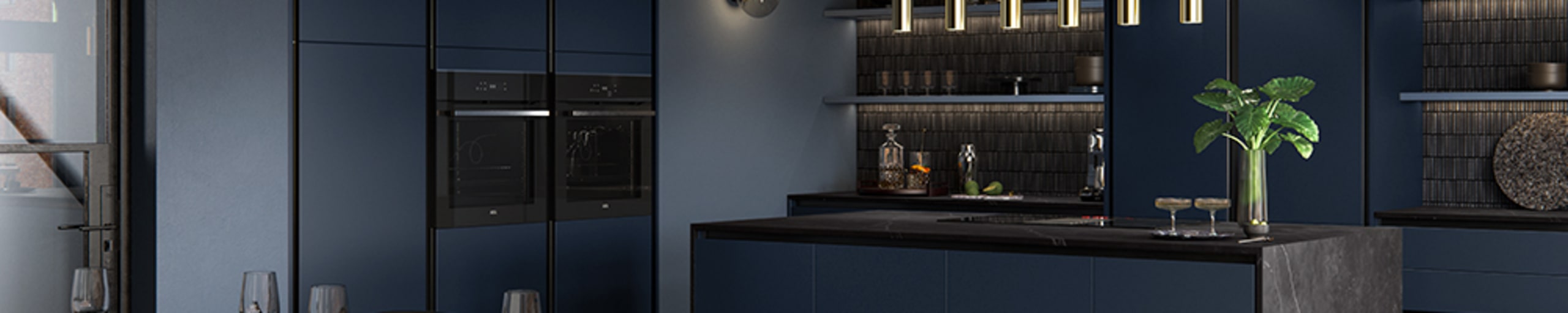 Integra Hoxton Kitchen from Magnet available in metallic midnight blue. Smooth slab doors and a painted effect finish.