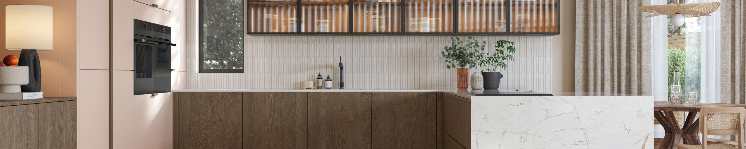 Soho cabinets in shade Chalk Blush, matched with fluted glass display cabinets and oak front cabinetry in Nordic Nature.