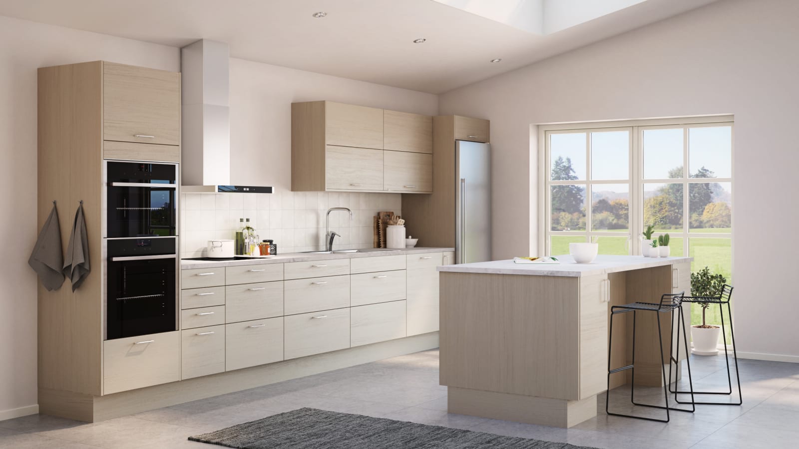 Elegant og moderne eikekjøkken. Slette fronter i eikefinér med integrert kantlist i eik som markerer kjøkkenets linjer og komposisjon.