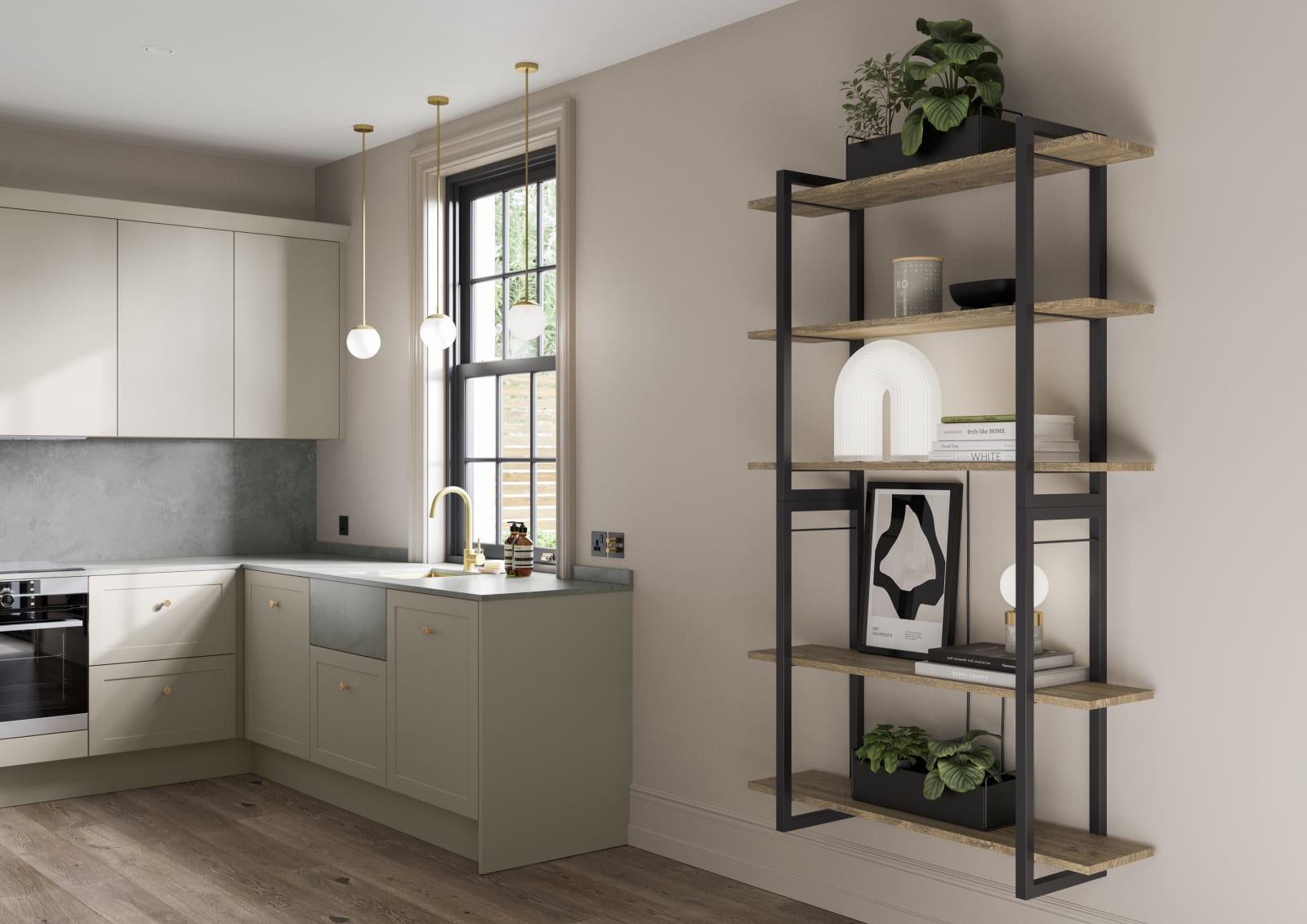 Dunham Pebble path kitchen combined with open wooden wall shelves on black matt metal frame.