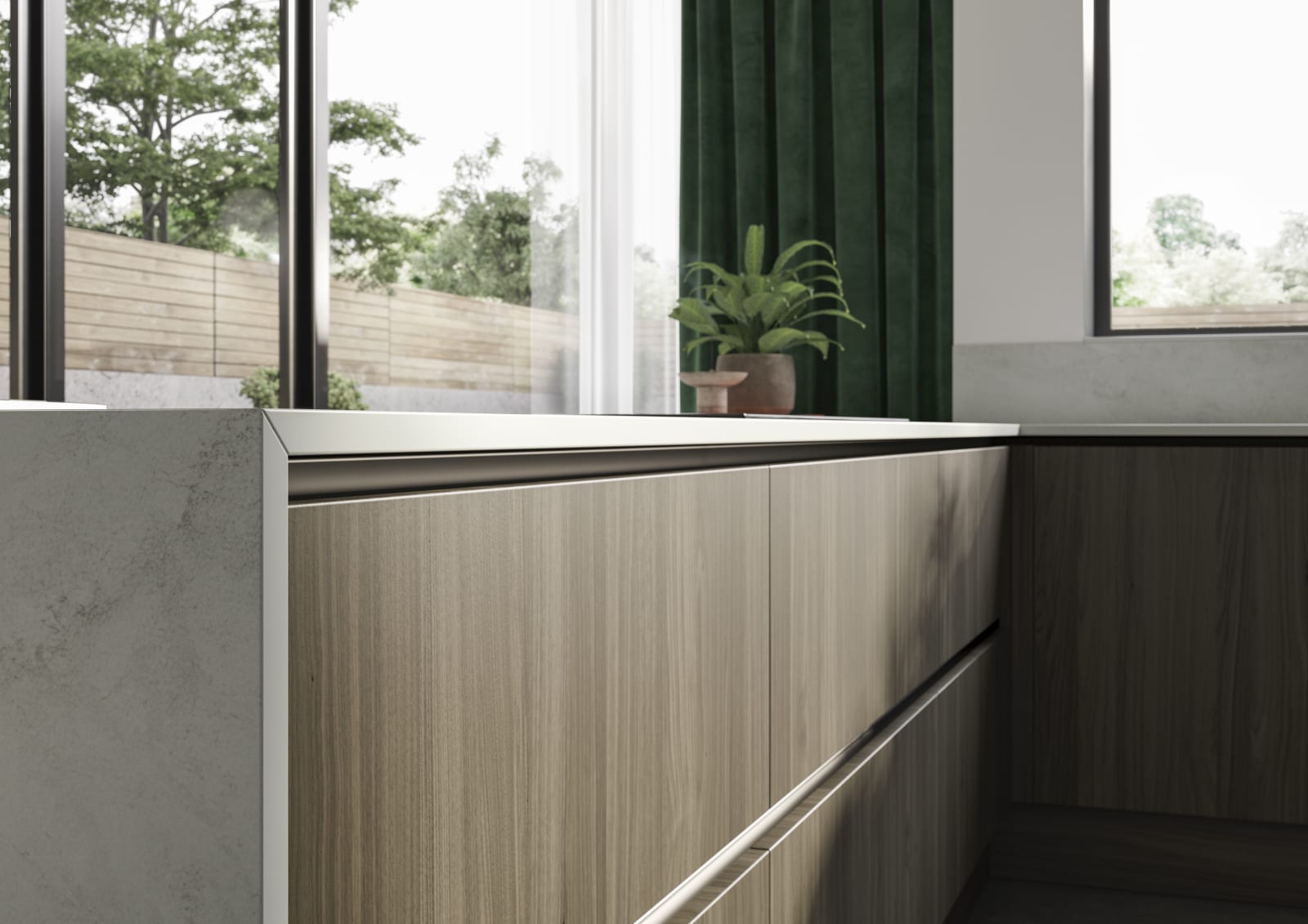 Integra Ascoli and Soho - a bright green and wood combination frameless slab door for a minimalist kitchen design.