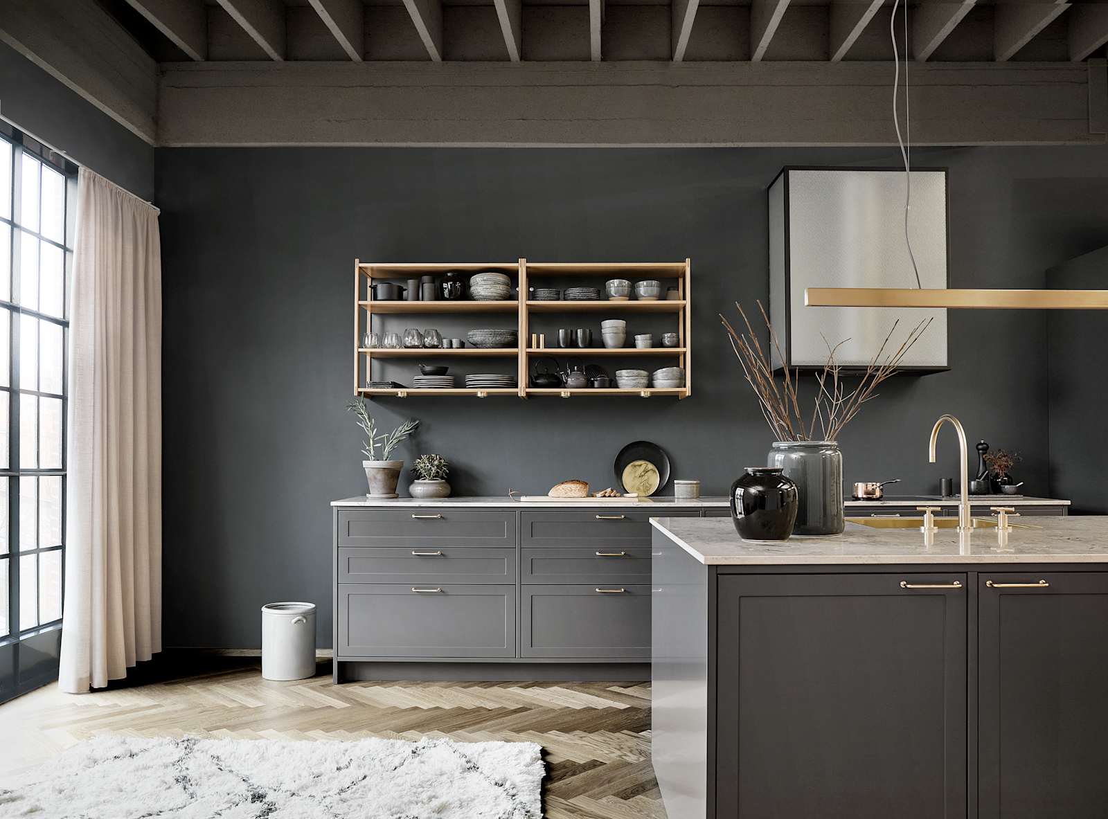 Anthracite grey Shaker kitchen with brass handles