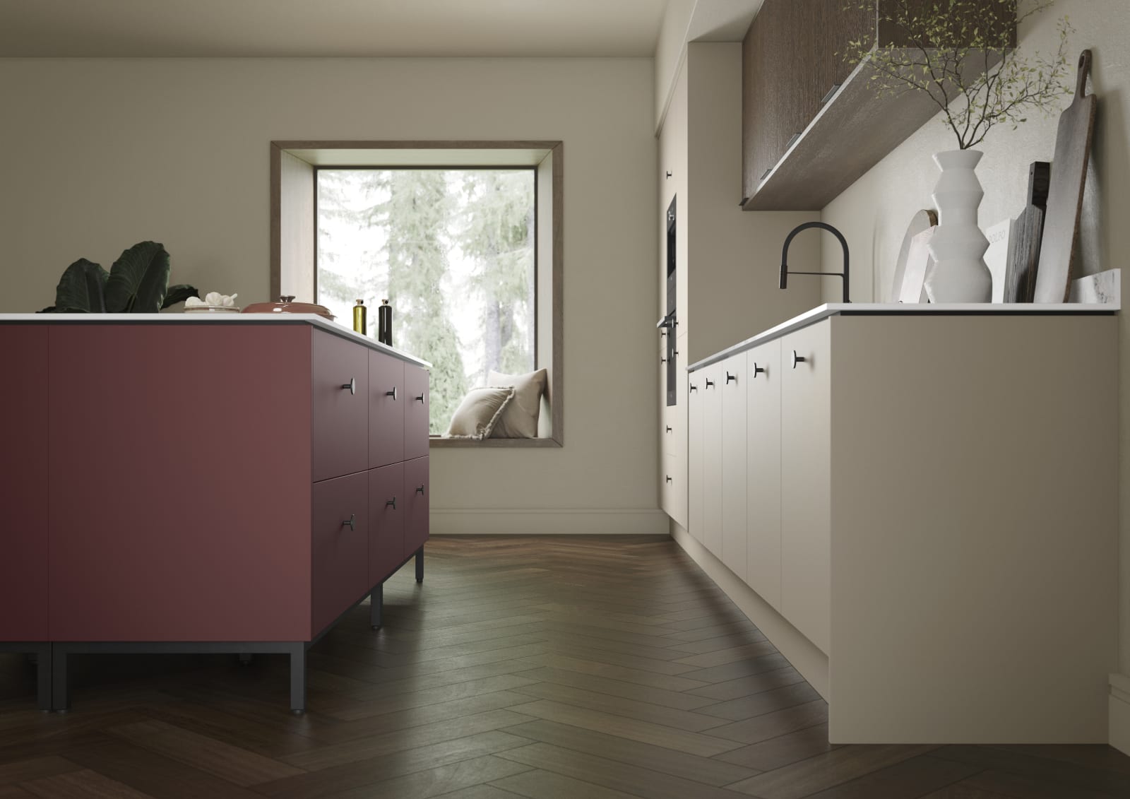 Side view of Soho kitchen in neutral color with Nordic Nature fluted wall cabinets and Burlington Red kitchen island, a painted premium slab door from Magnet.