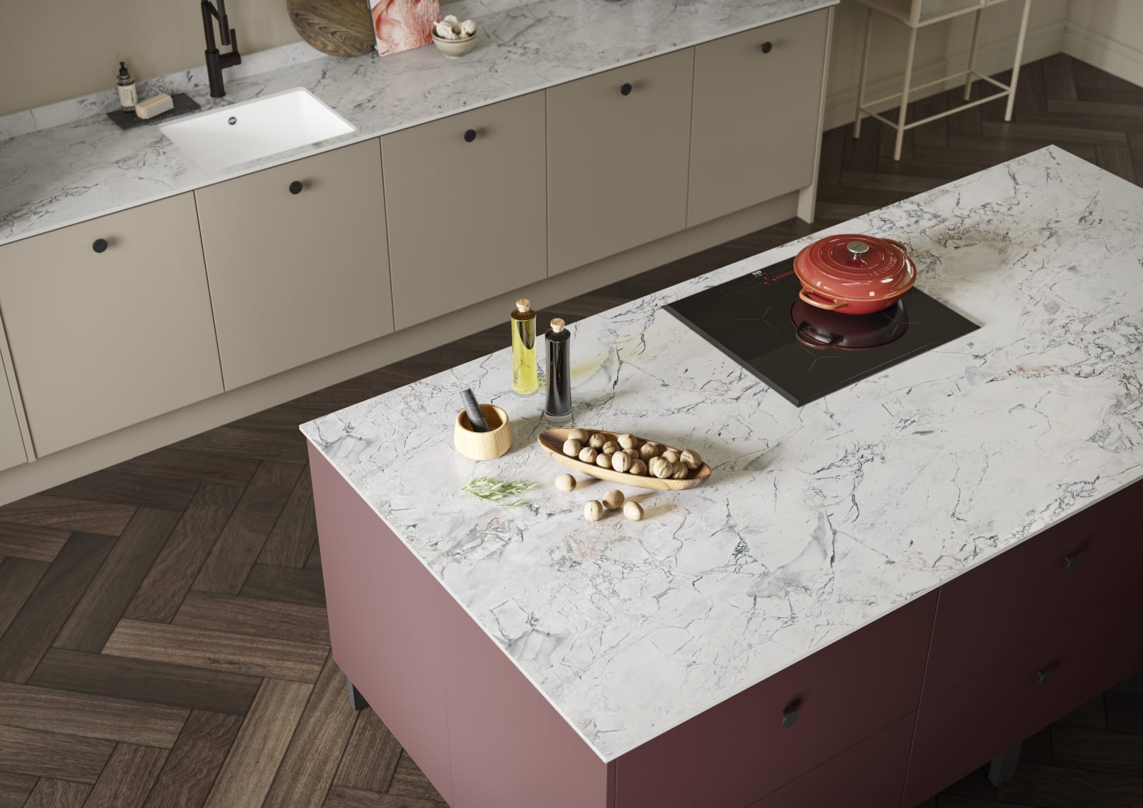 Overhead view of Soho kitchen in neutral color and Burlington Red kitchen island with white marble worktop and wooden floor.