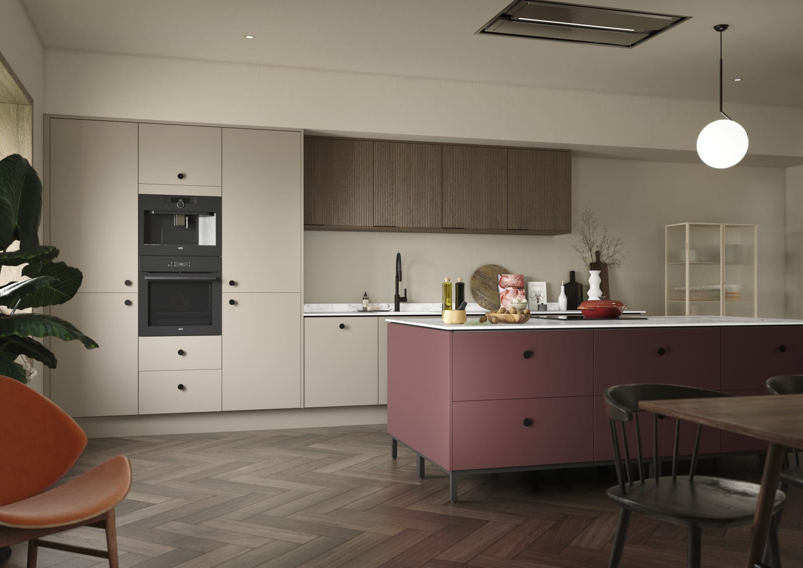 Soho kitchen in neutral color with Nordic Nature fluted oak wall cabinets and Burlington Red kitchen island, a painted premium slab door from Magnet.