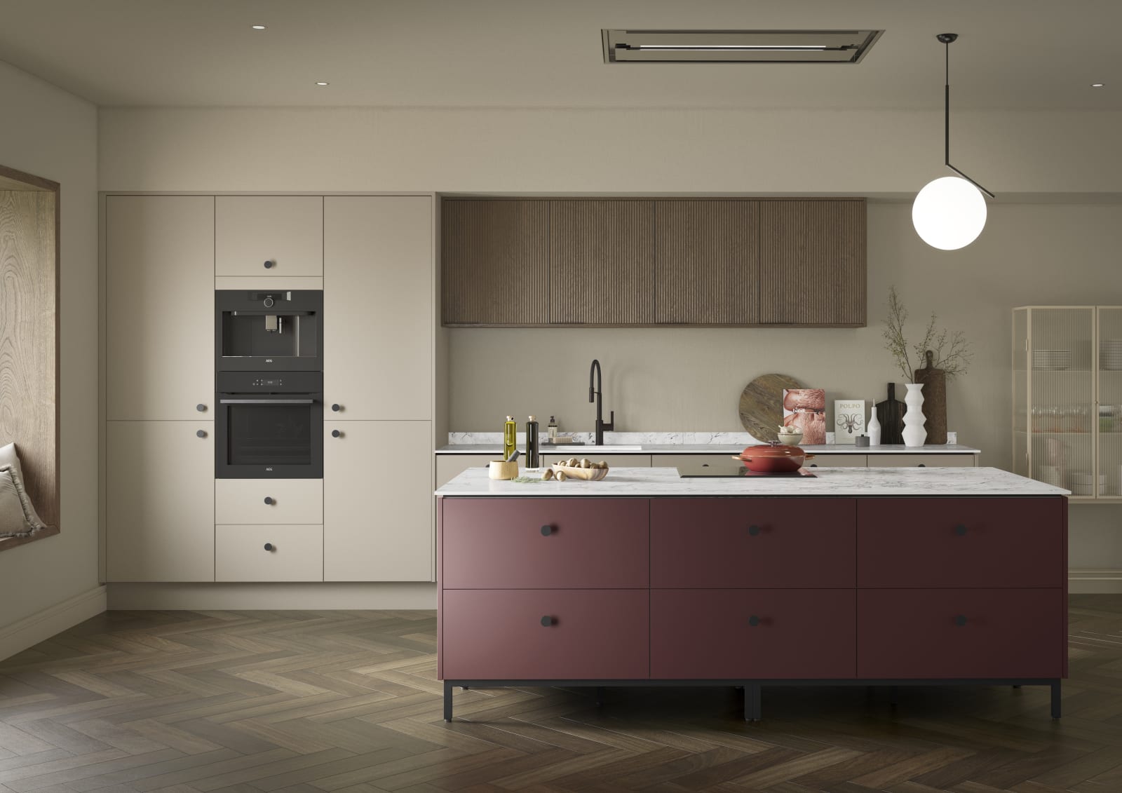 Soho kitchen in neutral color with Nordic Nature fluted wall cabinets and Burlington Red kitchen island, a painted premium slab door from Magnet.