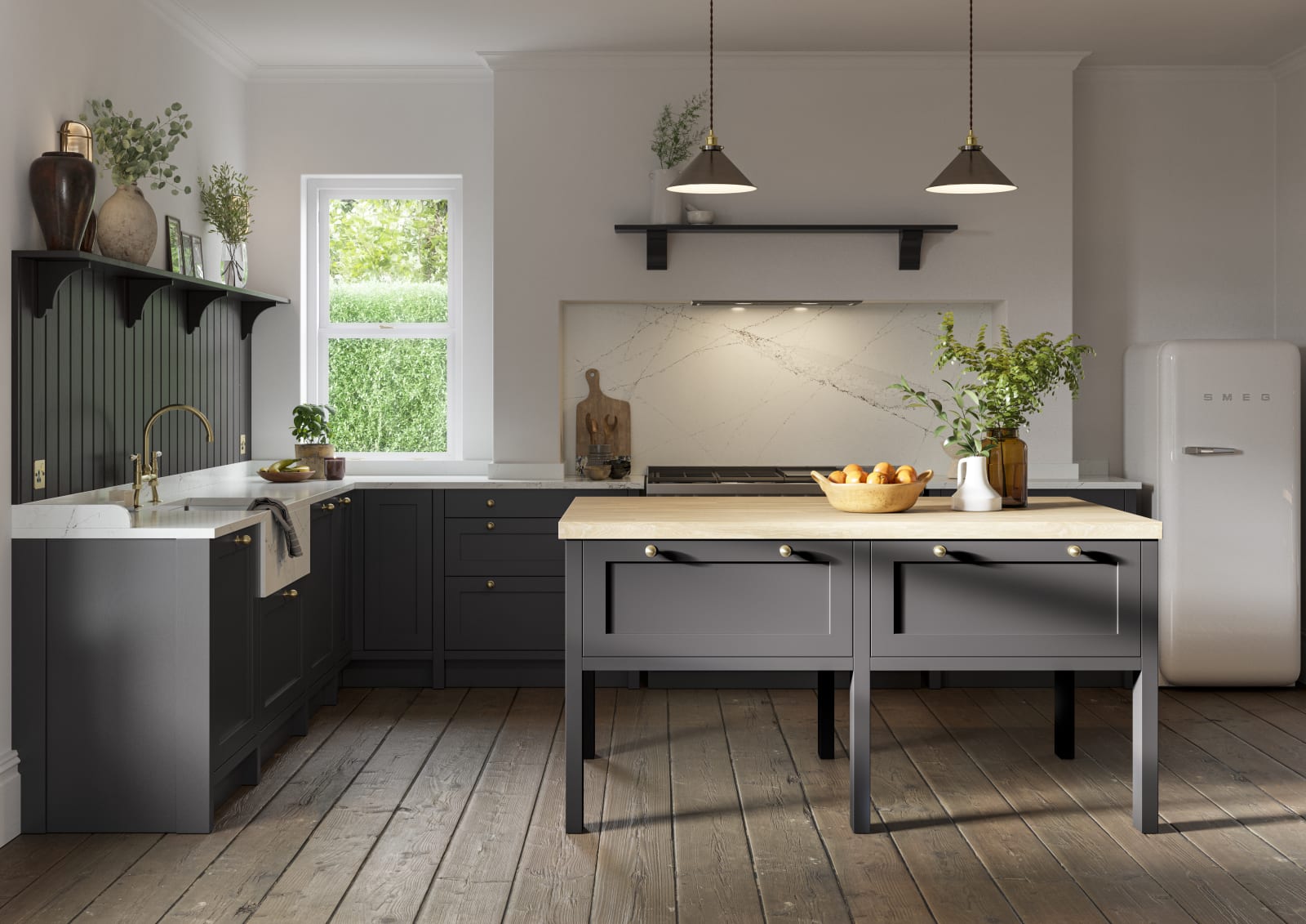 A dark grey Shaker kitchen with Charcoals cabinetry, with a kitchen island covered with a wooden worktop.