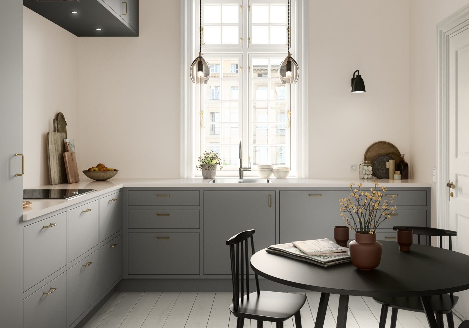 Forrammekøkken Athena Fusion i lys grå farve Sky fra INVITA med grå stein bordplade, rustfrit stål håndtag