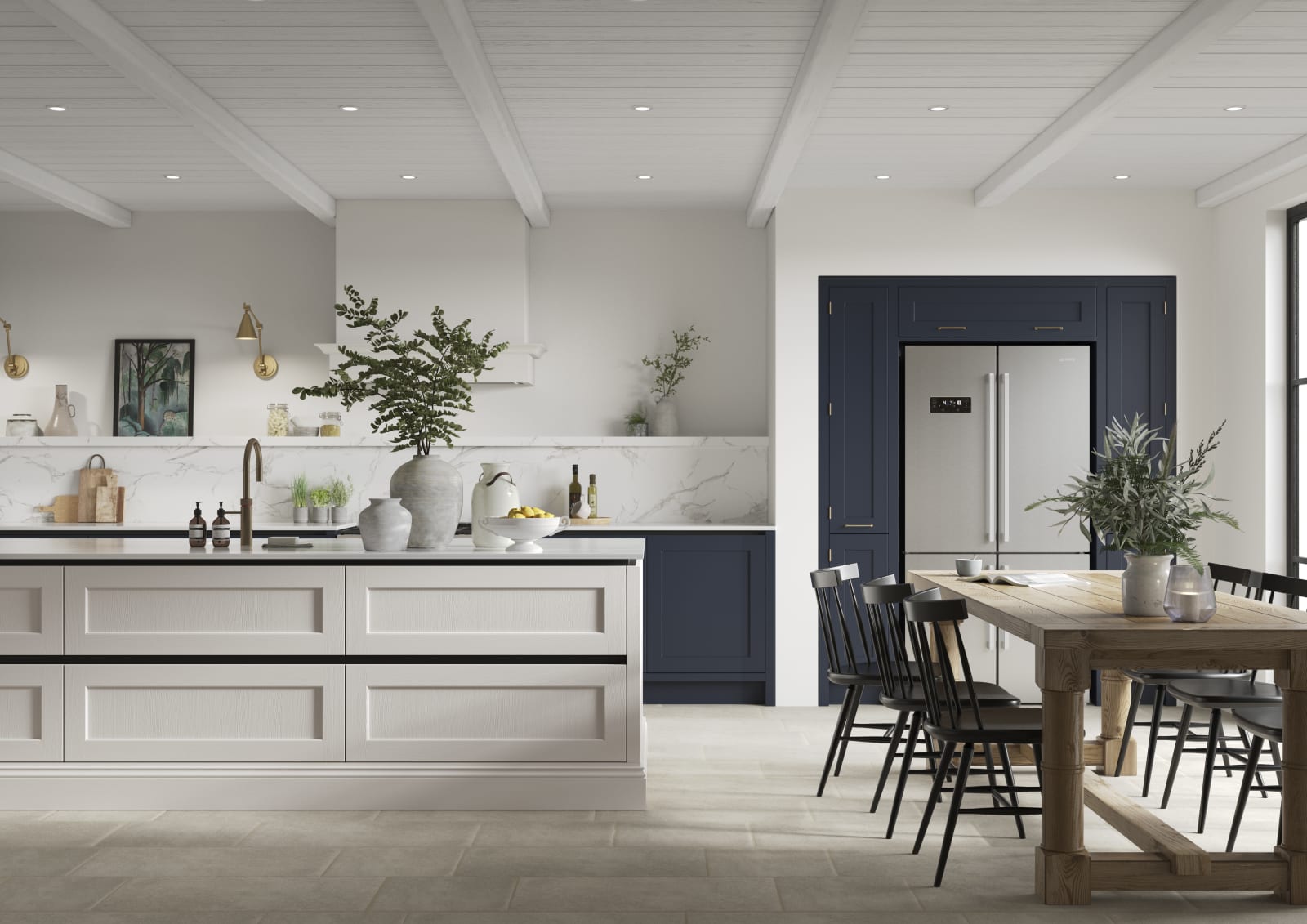 Integra Ludlow in shades Dove Grey and Midnight, a contemporary take on a Shaker kitchen, where the premium frontal features panelled doors with integrated handles.