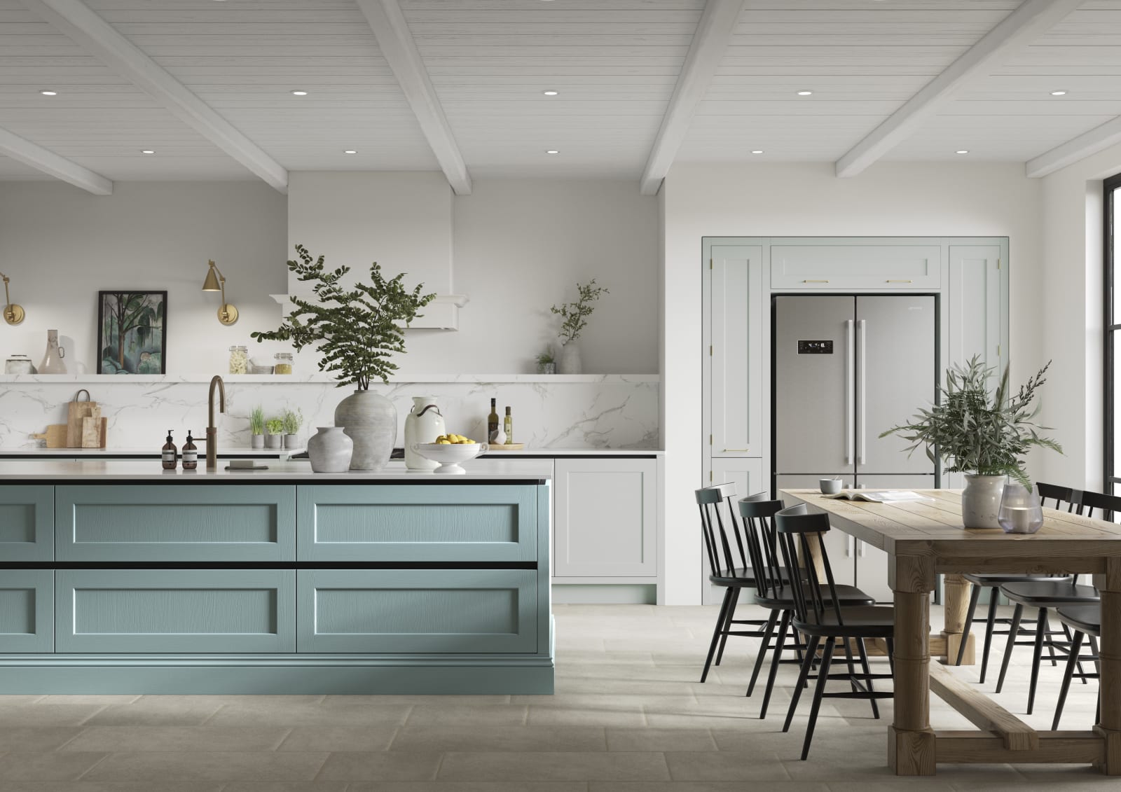 Integra Ludlow in shades Washed cotton and Morris Blue, a contemporary take on a Shaker kitchen, where the premium frontal features panelled doors with integrated handles.
