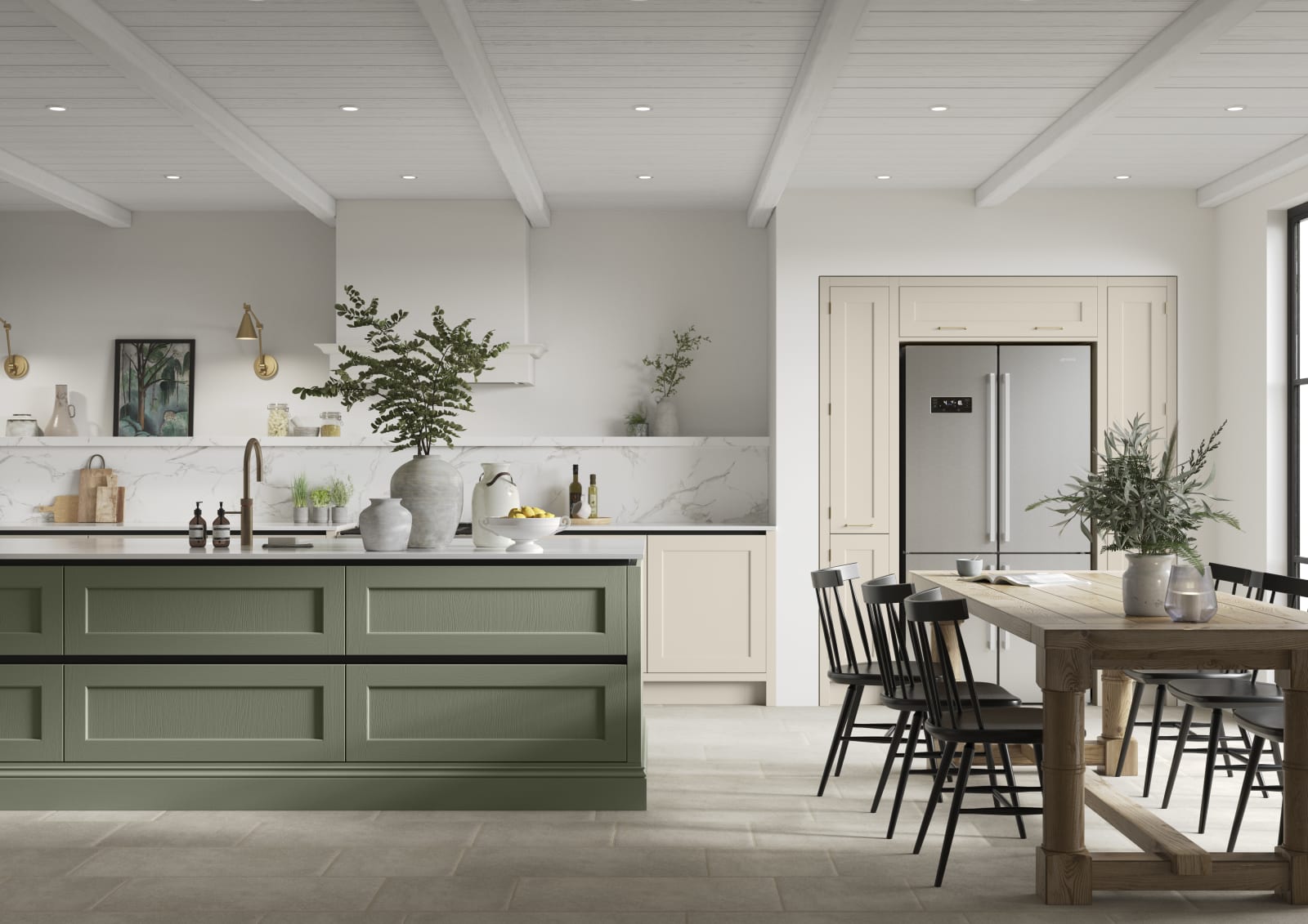 Integra Ludlow in shades Pebble path and Misty moors , a contemporary take on a Shaker kitchen, where the premium frontal features panelled doors with integrated handles.