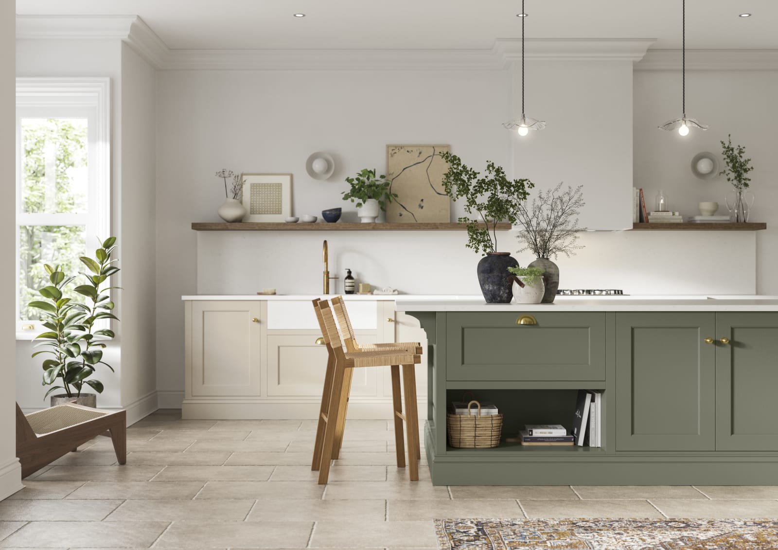 Traditional Shaker-style kitchen range in light shade Pebble path with a green Misty Moors kitchen island.