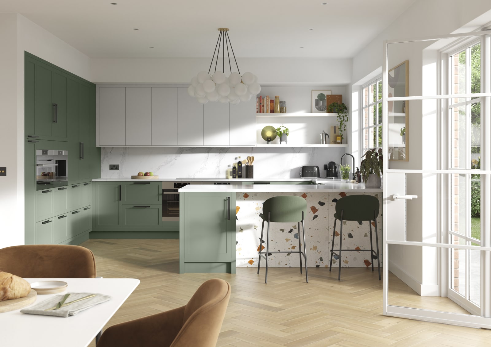 Dunham in Eucalyptus Green and Fresh Linen has a thin frame and smooth painted finish with no visible woodgrain, providing a contemporary feel to a traditional look.