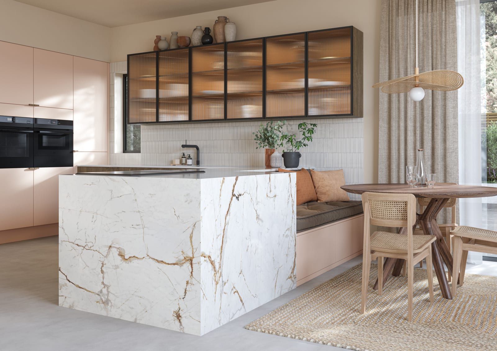 Kitchen island with marble worktop and matching marble decor sides as well as seating in Soho Chalk Blush and Nordic Nature from Magnet.