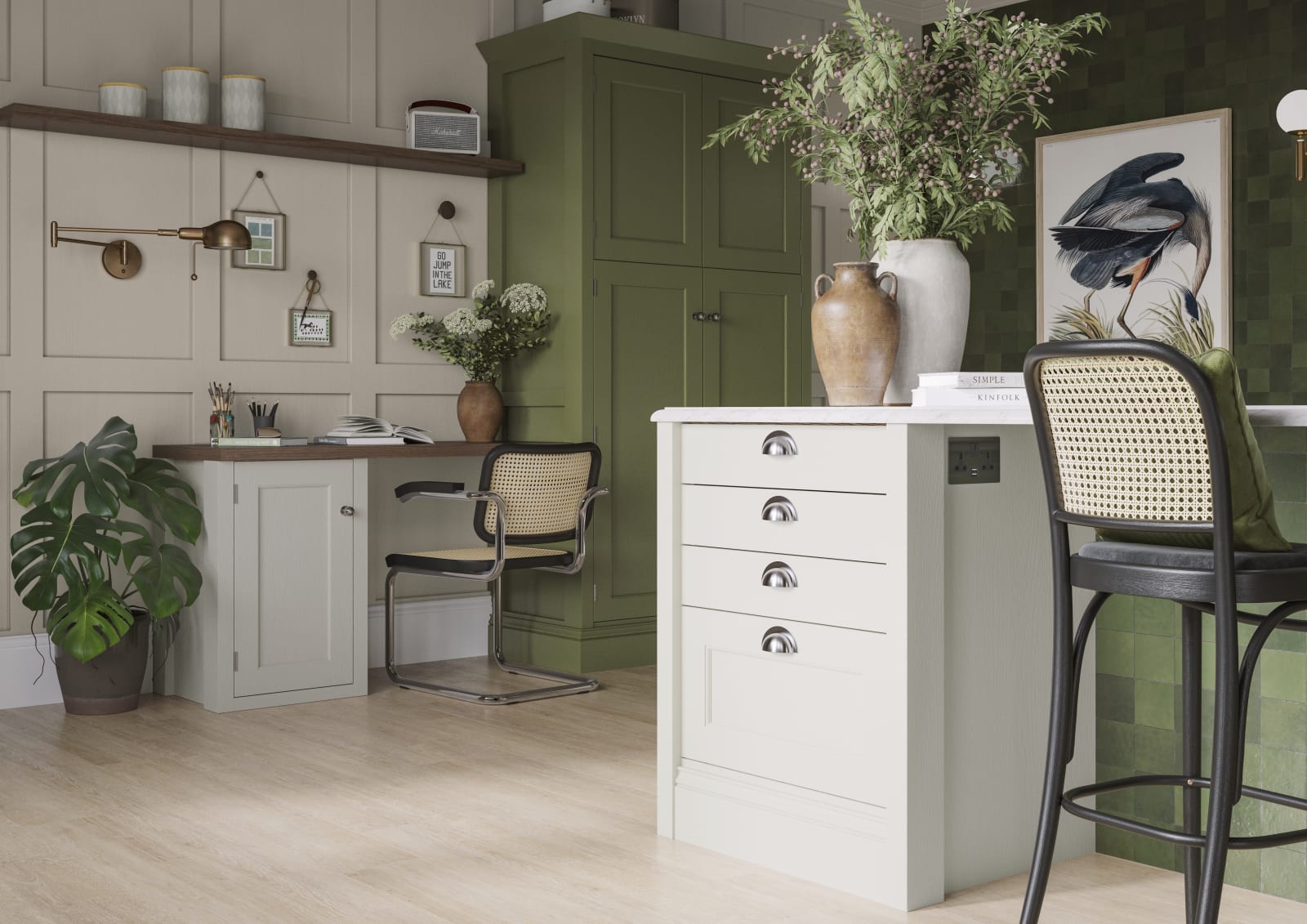 Off-white and olive green kitchen featuring shaker-style cabinetry and a desk area within the space.