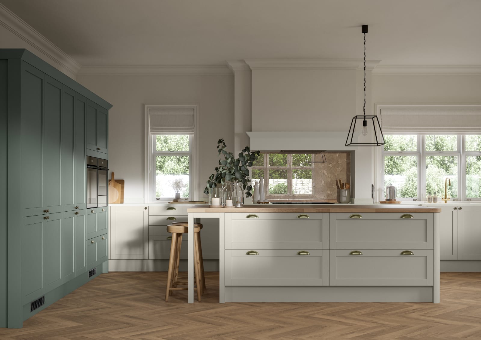 Ambleside kitchen range shown in a home kitchen with blue Shaker cabinets and wood floors.