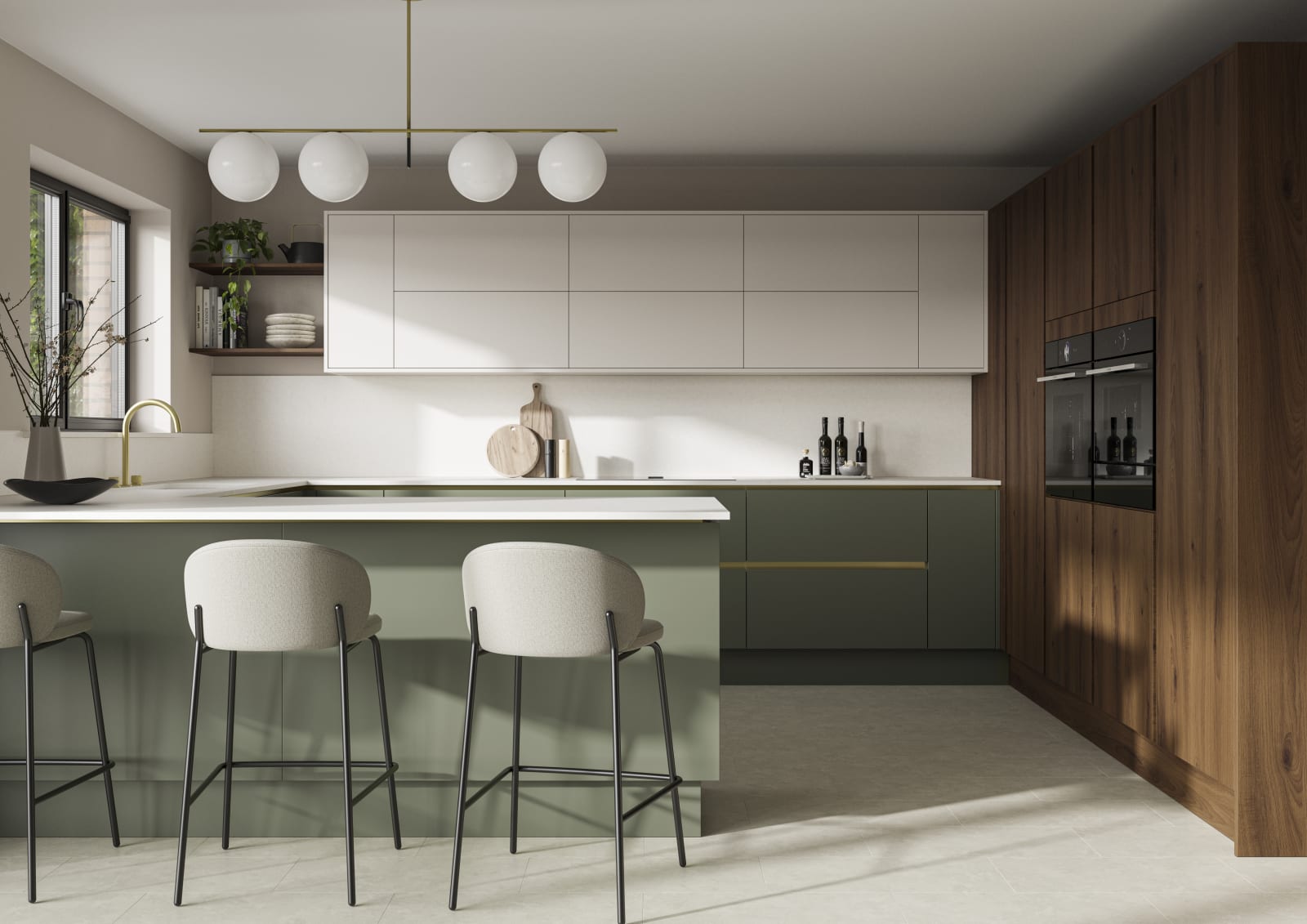 Integra Portobello tall cabinetry with integrated ovens, paired with painted handleless slab front Integra Soho cabinets in Shades Thyme and wall cabinets in shade Limestone, from Magnet.