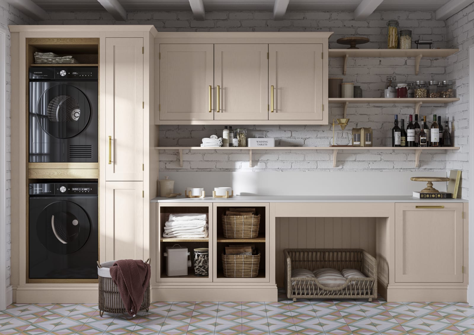 Utility room Wardley Shell cabinetry with washing machine and dryer built-in, a countertop and wall cabinets all matching, a laundry basket on the floor next to washing machine.