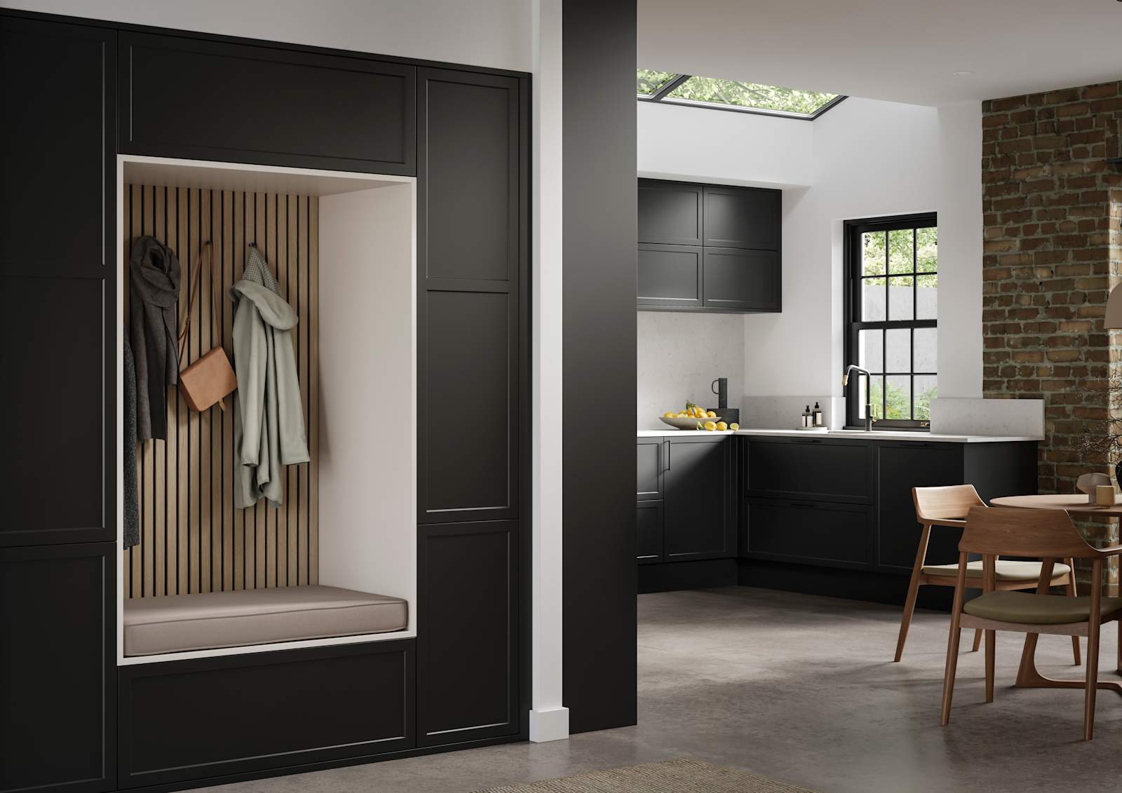 View from living room of closet section with bench, akupanel and coat hooks in modern shaker Brunswick Sumi Black cabinetry to match the kitchen.