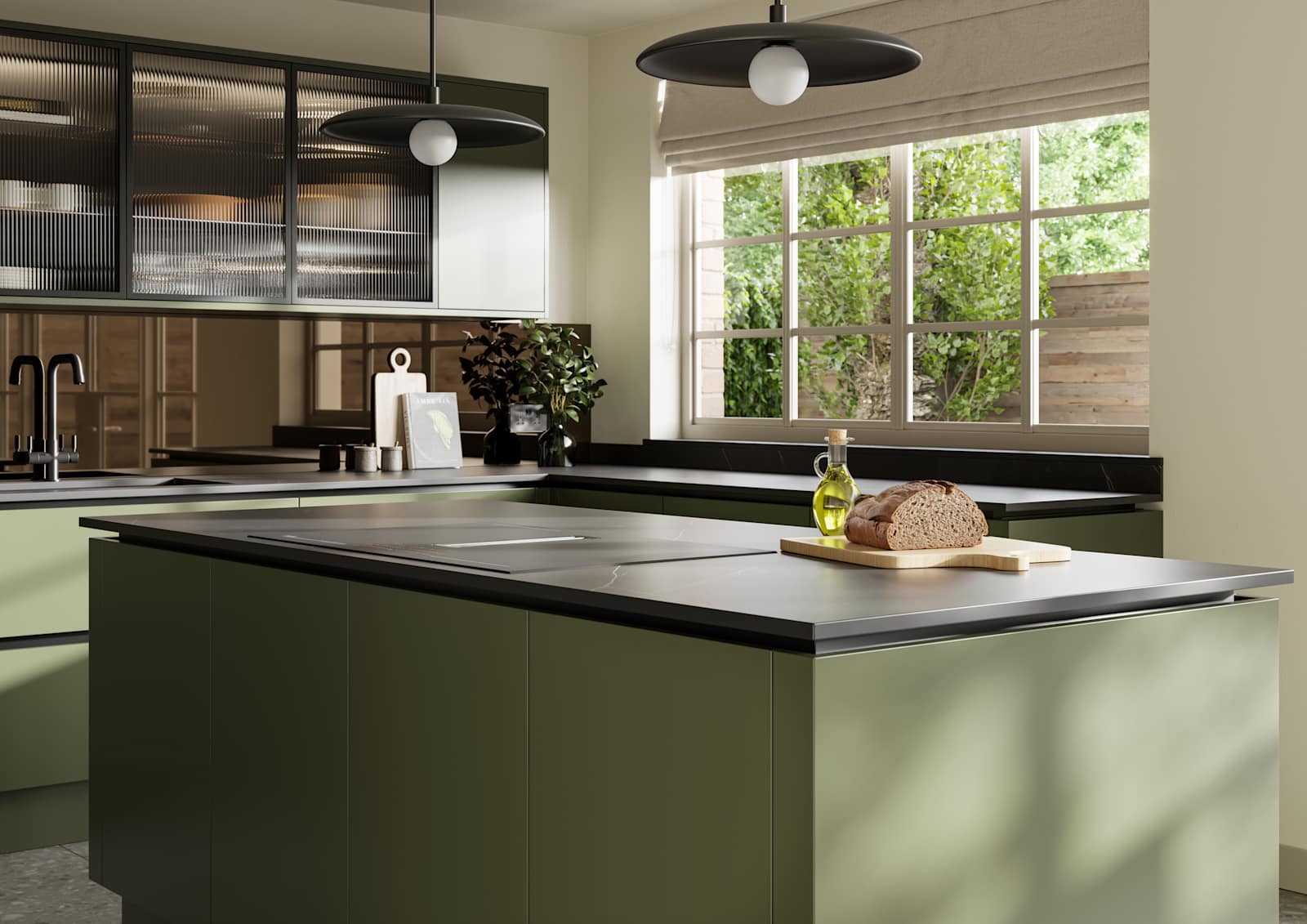 View over kitchen island in Integra Soho Tailored Green cabinetry, with Dekton worktop, fluted glass vitrine wall cabinets and large windows.