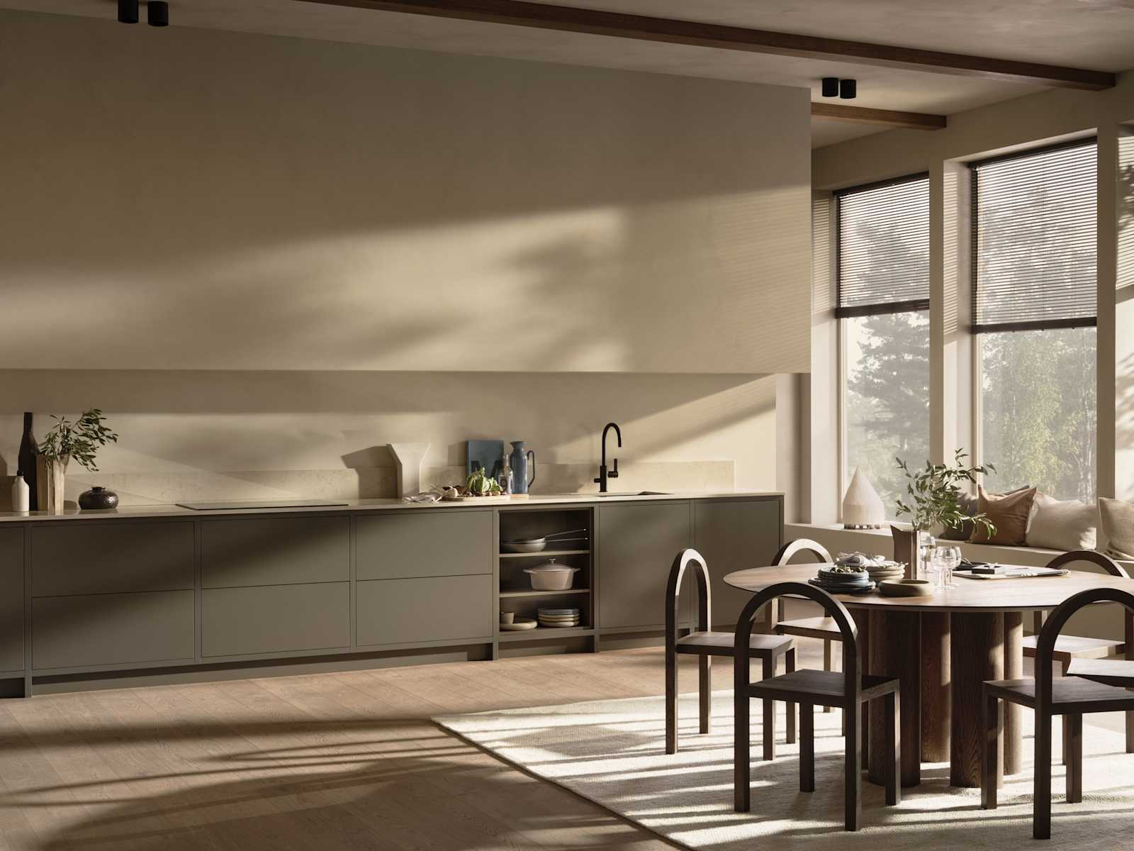 Varm minimalisme køkken og spisebord