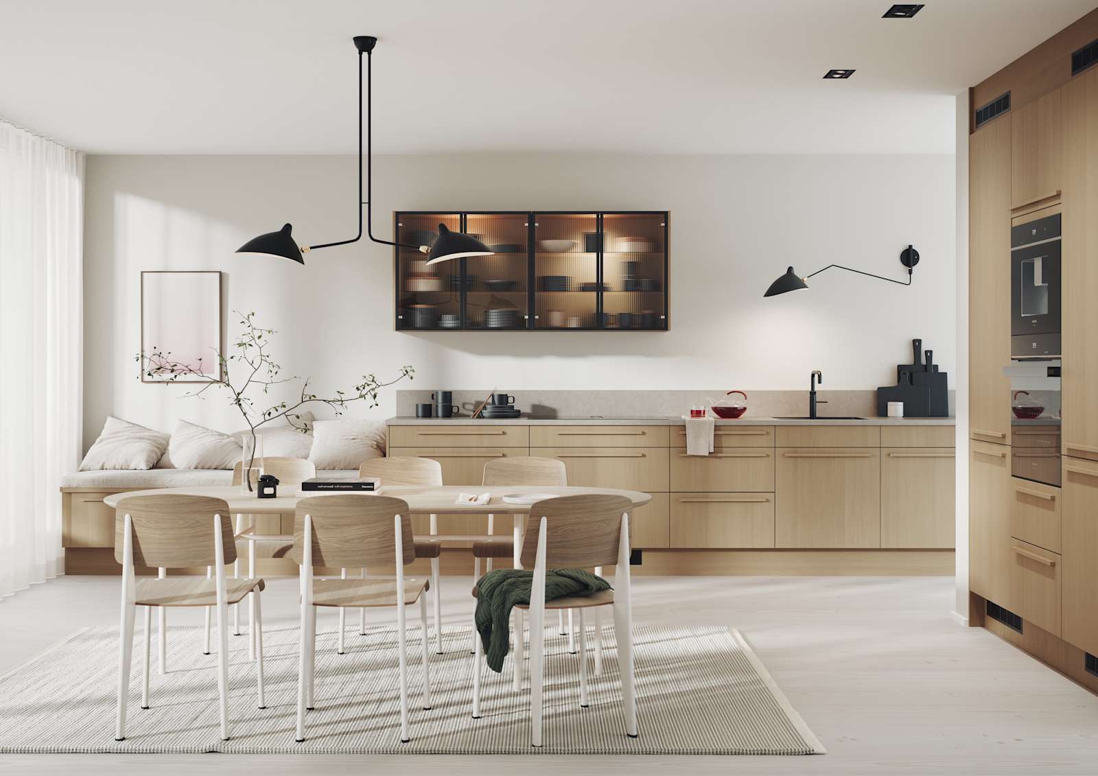 Akse har eikefronter og vitrineskap med bølget glass – som små bølger i vannet.