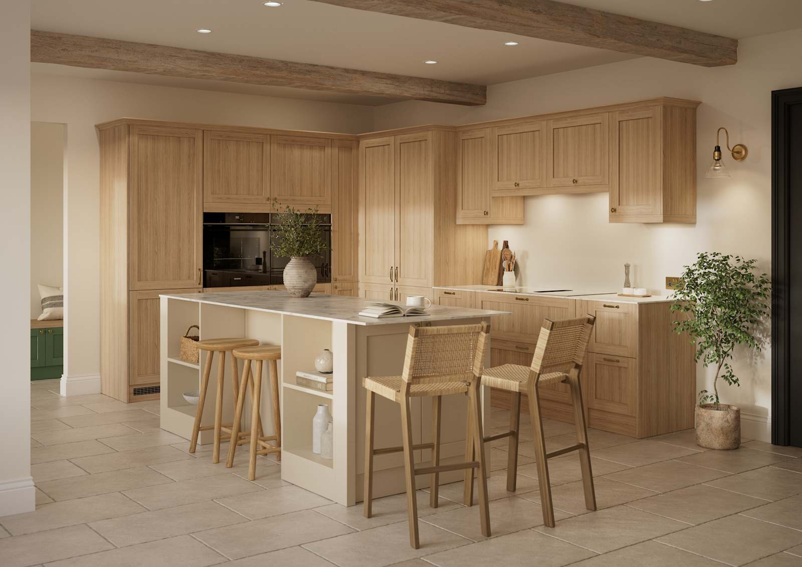 Traditional premium contemporary Shaker kitchen Ambleside in oak with brass knobs and handles, tall and wall-mounted cabinets and kitchen island with seating area and open shelves.