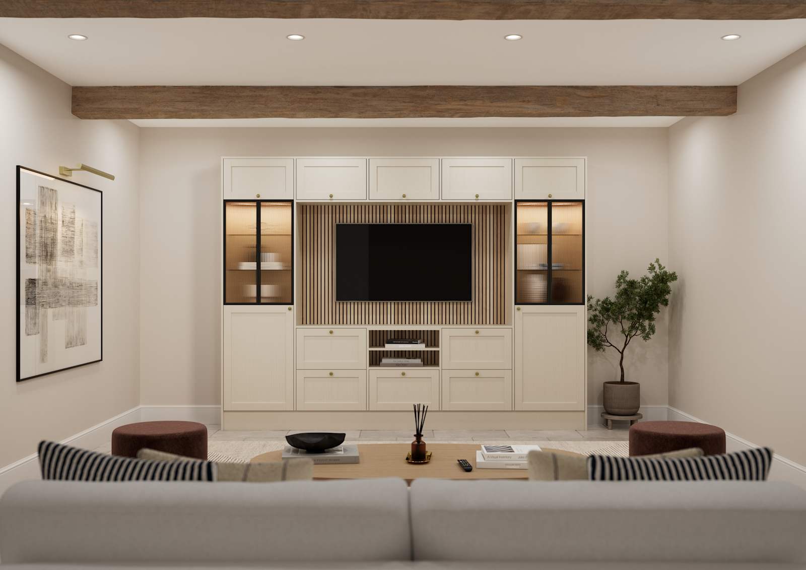 Media wall with Ambleside Shaker style cabinets, with sleek and modern frame width in the beige neutral cream shade Sand and fluted glass black aliminum framed vitrine.