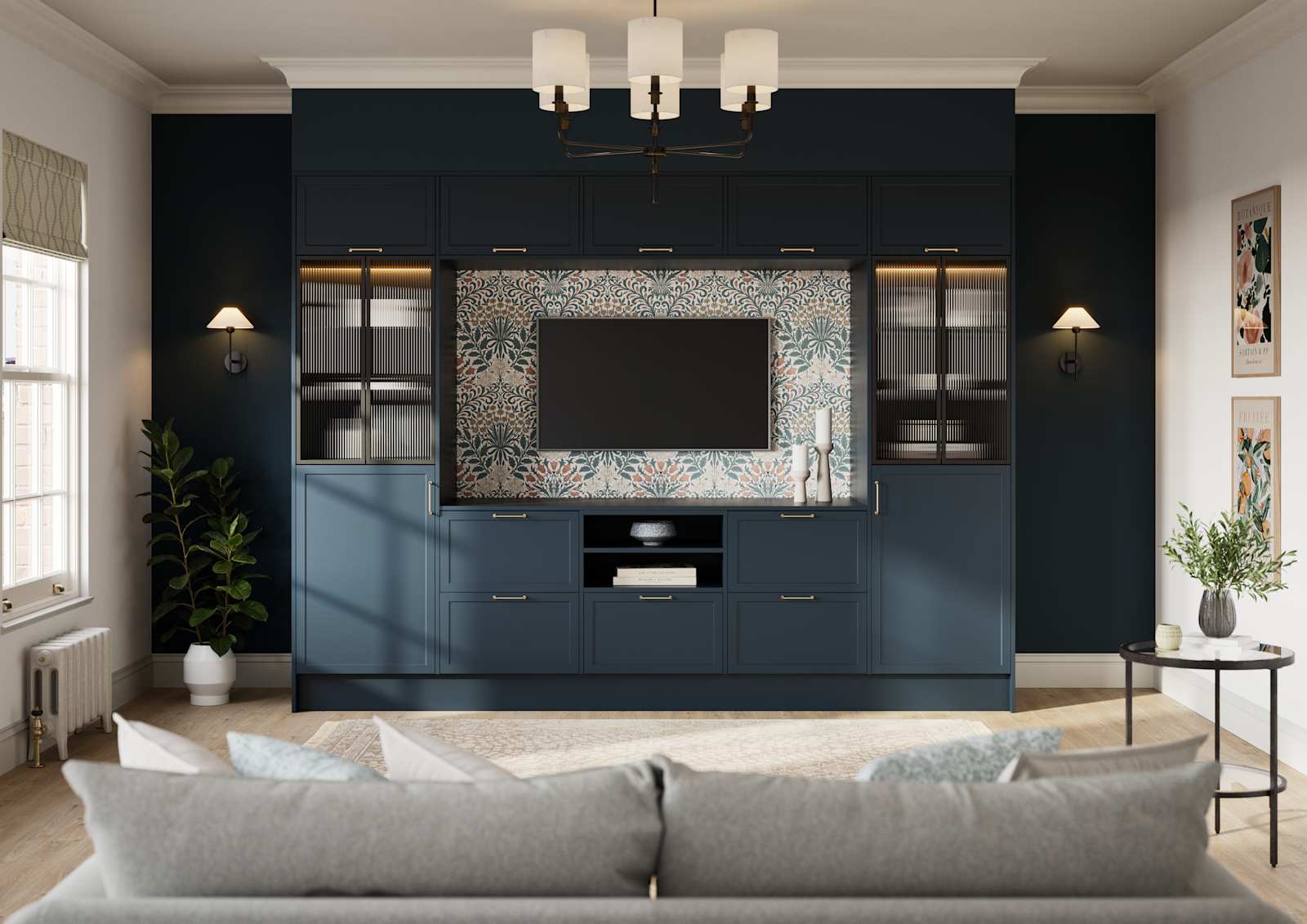 Media wall with super matt and ultra-slim framed of contemporary Shaker cabinetry Brunswick in dark blue shade Voyage Blue, with fluted glass vitrine cabinets.