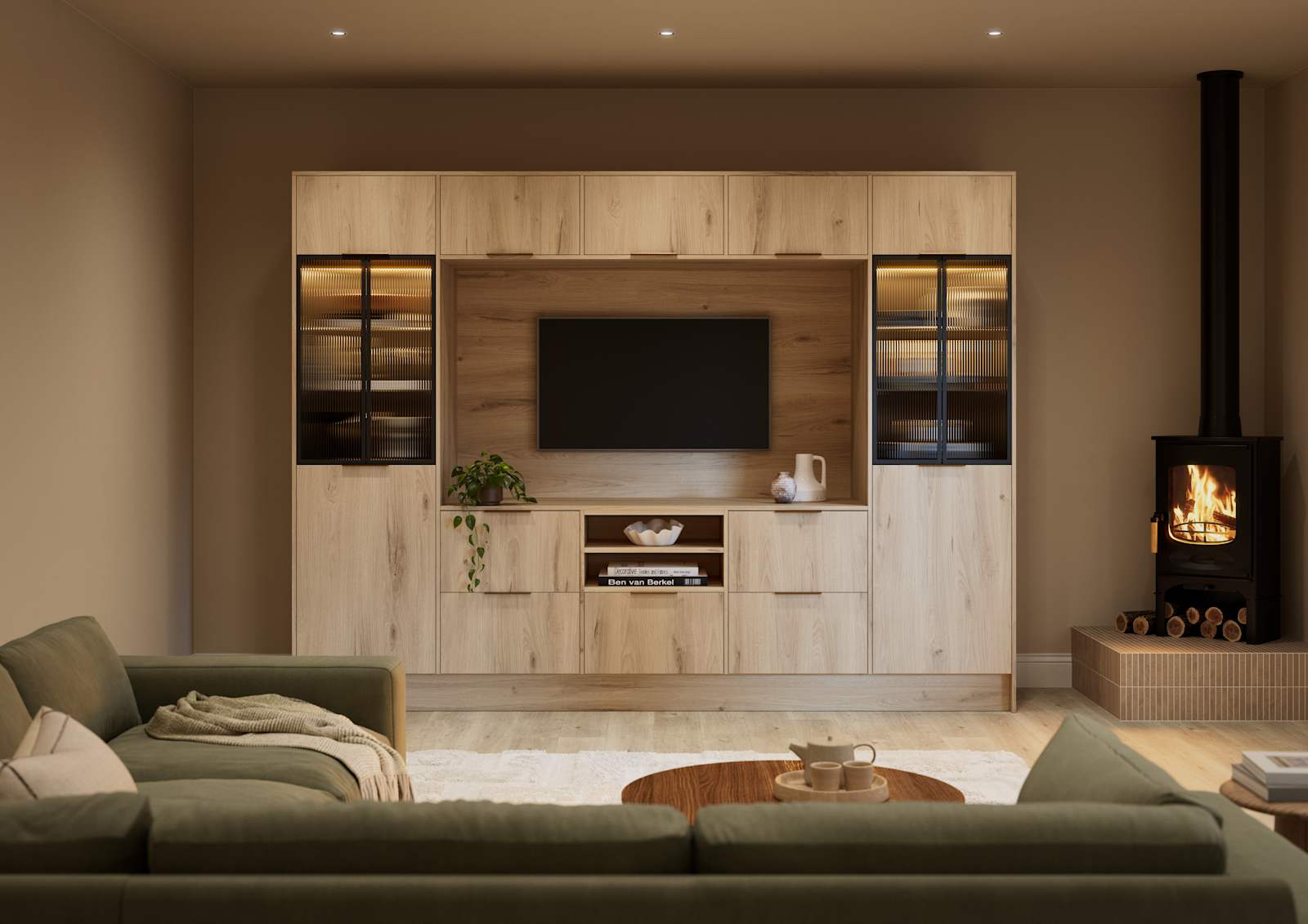 Media wall with Portobello Italian-made woodgrain textured cabinets and fluted glass black aliminum framed vitrine.
