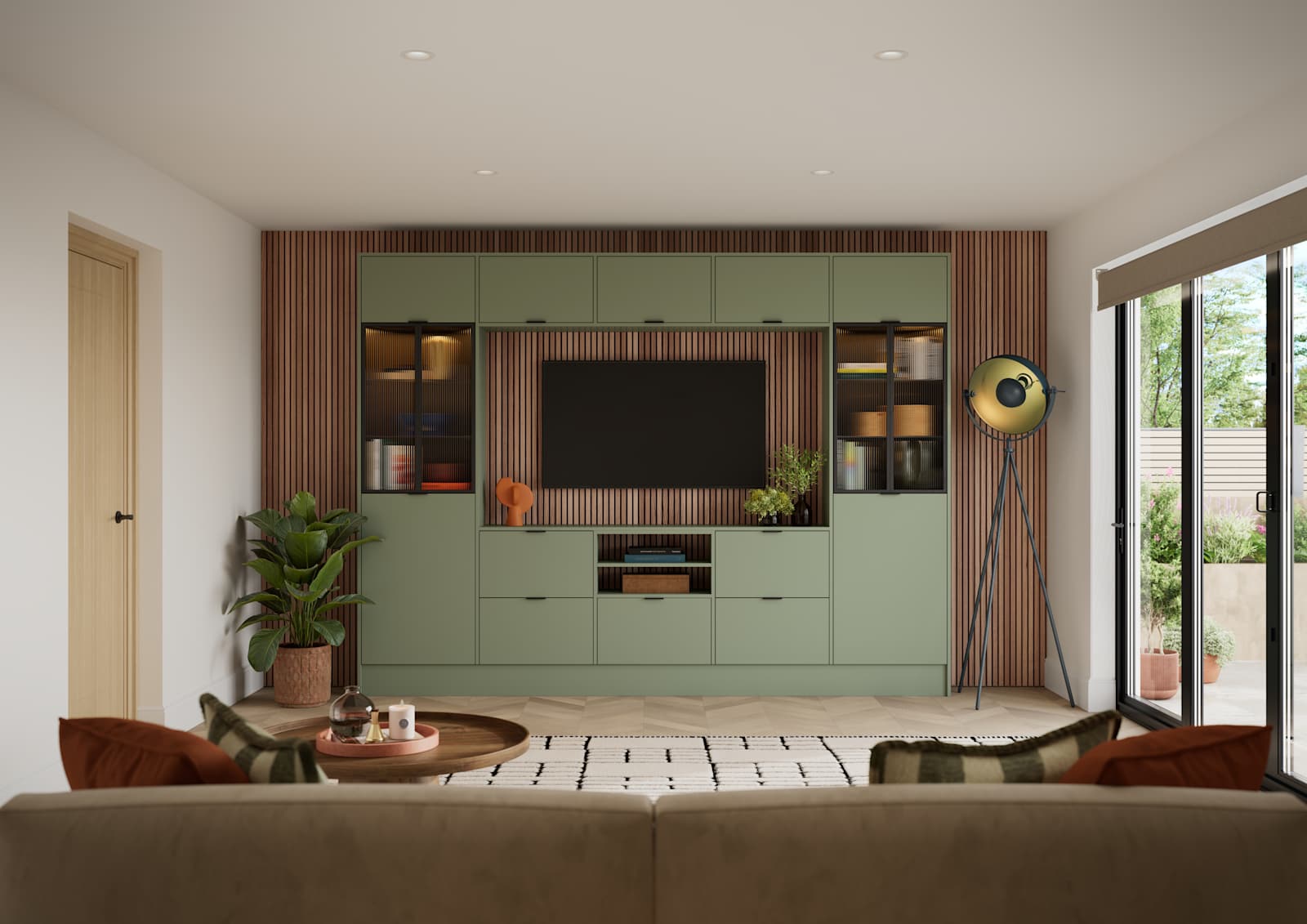 Media wall with modern slag-door contemporary Ascoli Woodland Green cabinetry with vitrine cabinets, fluted glass amd wood wall panelling.