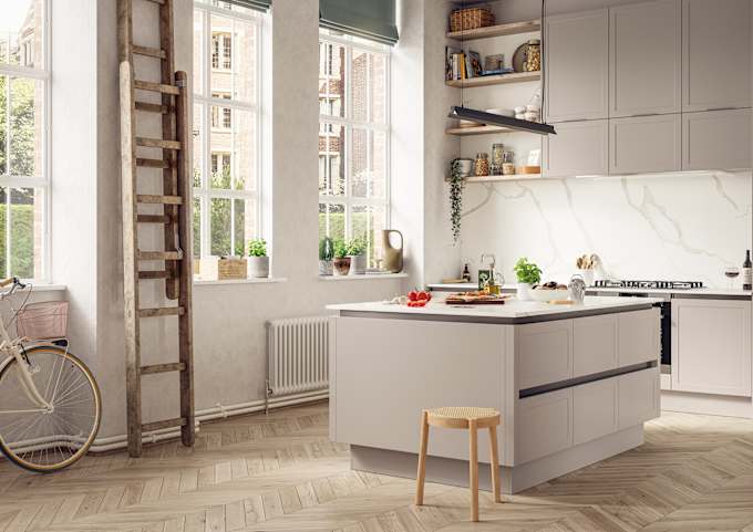 Integra Dunham Kitchen by Magnet. Premium painted matt finish with unique door style available in 20 colours.