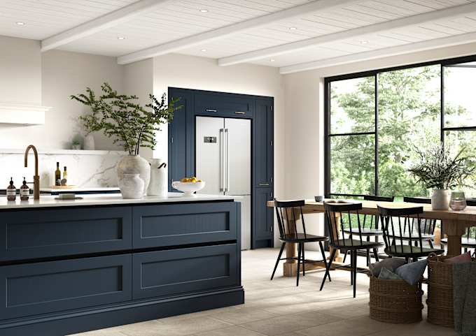 Integra Ludlow, a contemporary take on a Shaker kitchen, where the premium frontal features panelled doors with integrated handles,