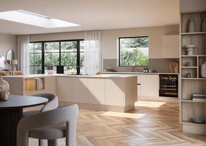 Modern Portobello Bosco organic woodgrain texture cabinetry and handleless Integra Soho Shell kitchen island from Magnet.
