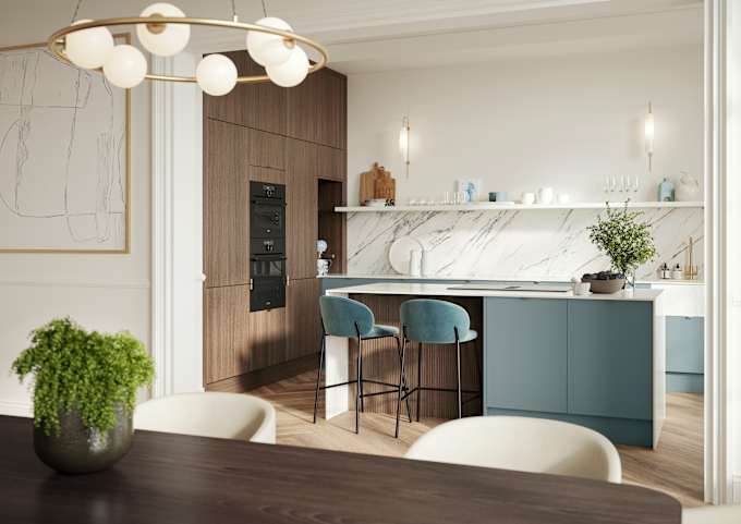 Soho Duck Blue kitchen from Magnet combined with ovens integrated into tall Nordic Nature cabinetry, white marble splashblack, paired beautifully with a bright brass tap and sink.