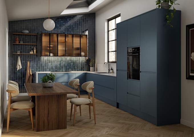 Contemporary and minimalist handleless kitchen with J-Pull door in dark blue shade Mineral Blue, with fluted glass vitrine wall cabinets and marbled worktop and matching upstand.