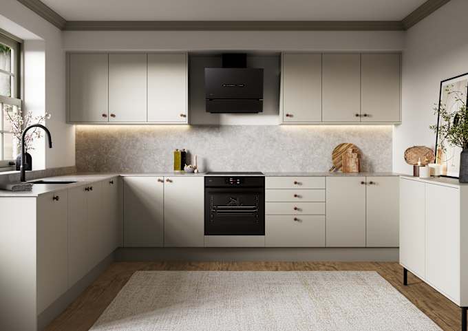 Modern slab kitchen Ascoli in neutral shade Limestone with brass knobs and black tap
