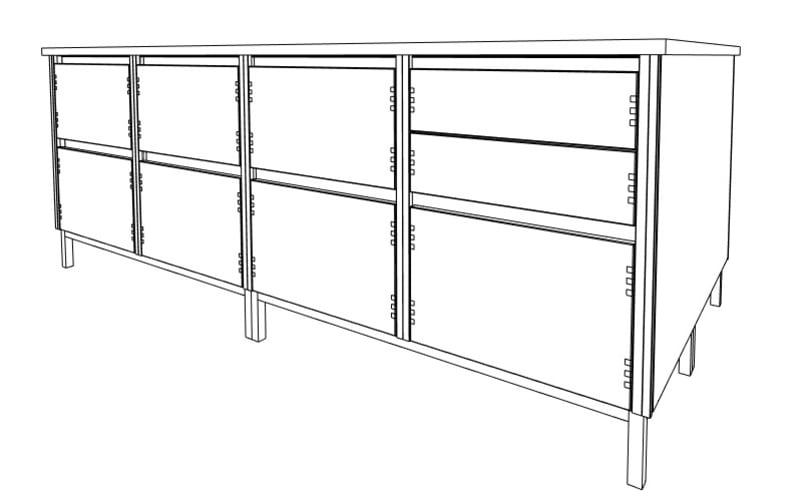 Illustration of a large kitchen island with Nordic Craft cabinetry