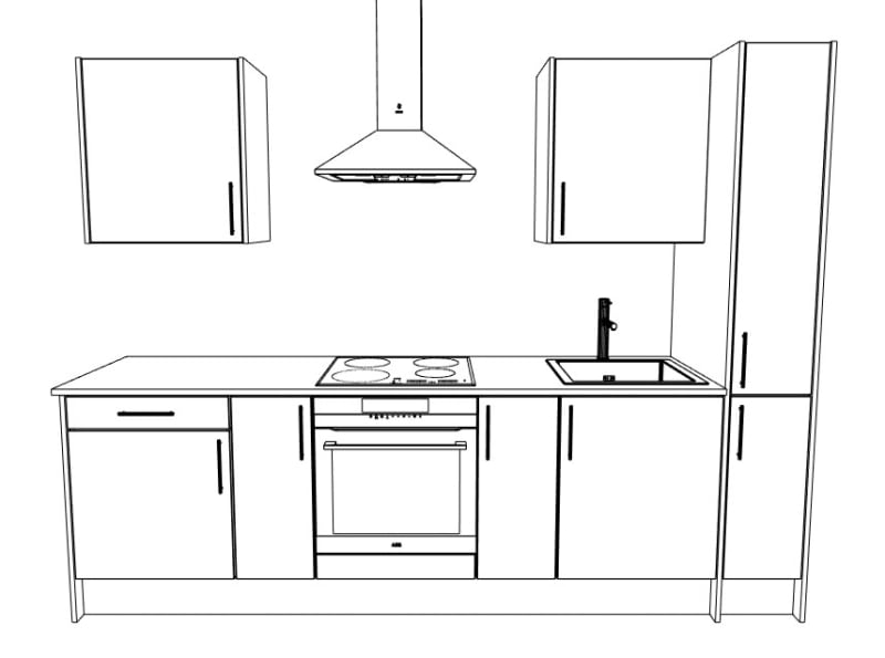 Illustration of a kitchen with 8 cabinet units.