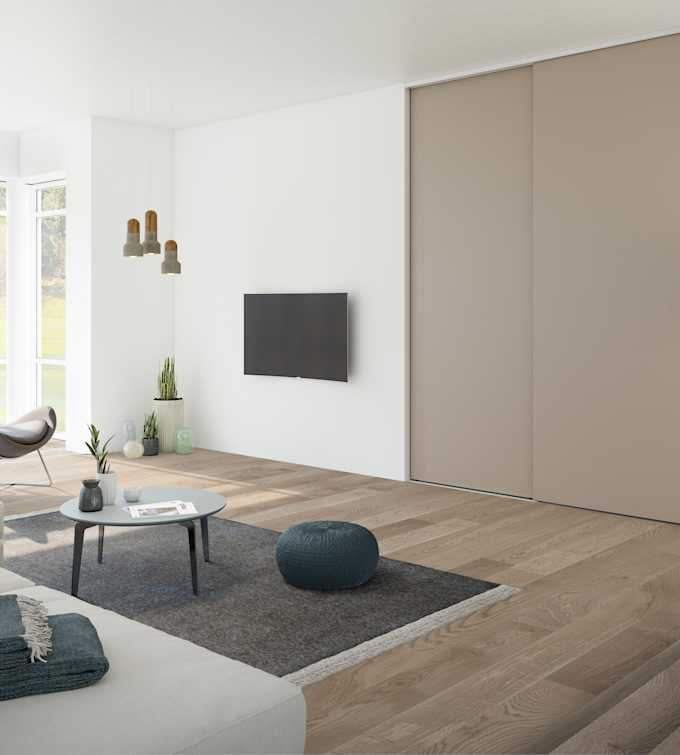 Garderobe i stue med beige skydedøre