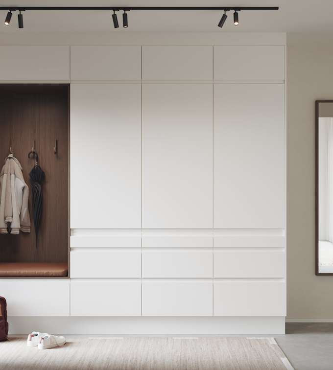 Magnora Garderobe er tidløs eleganse kombinert med orden, de innfreste grepene i frontene gir et grafisk, funksjonelt og minimalistisk uttrykk