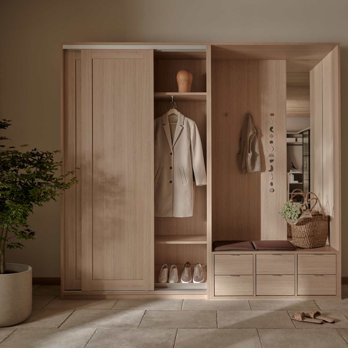 Ingenting er mer arealeffektivt og plassbesparende enn en skyvedørsgarderobe. Skyvedører kan brukes overalt - i stua, entréen, soverommet eller vaskerommet.