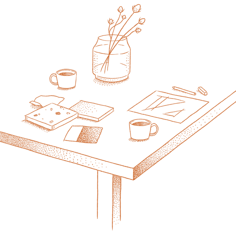 Illustration af bord med kaffekopper, skids og blomvas
