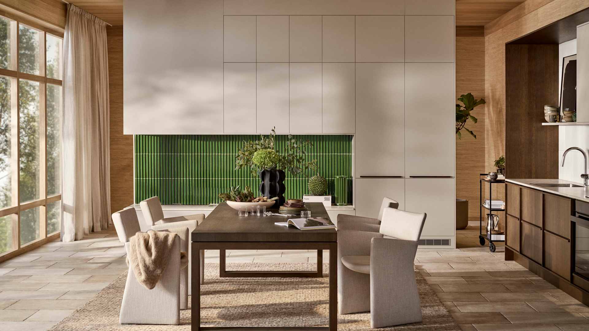 Ved å kombinere kjøkkenmodellen Line i fargen Korn og Signatur Nøtt har vi fått frem et lekent og inspirerende kjøkken med rom for ro og sosiale samvær.
