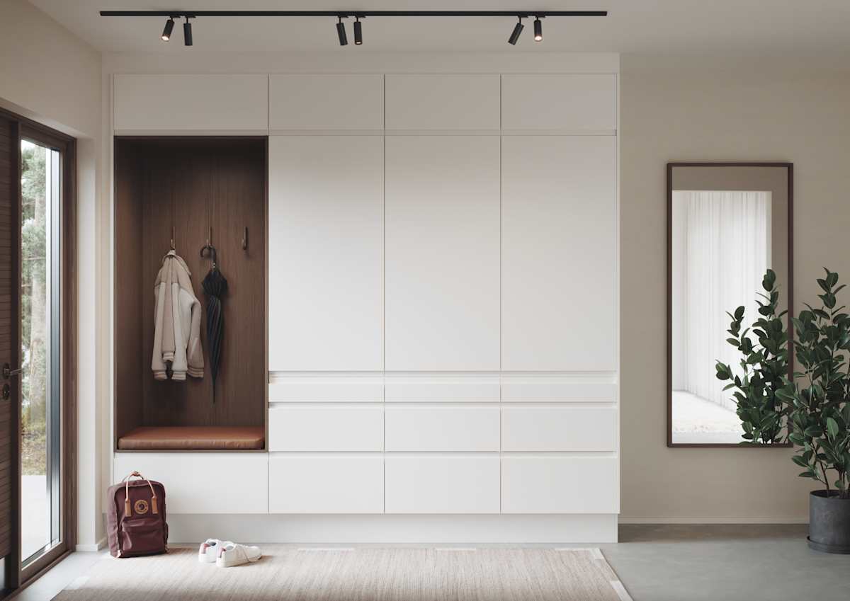 Magnora Garderobe er tidløs eleganse kombinert med orden, de innfreste grepene i frontene gir et grafisk, funksjonelt og minimalistisk uttrykk